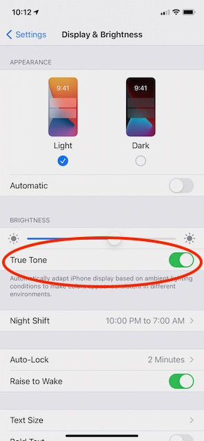 Ảnh chụp màn hình iPhone, phần cài đặt độ sáng và màn hình thiếu tùy chọn &quot;True Tone&quot;