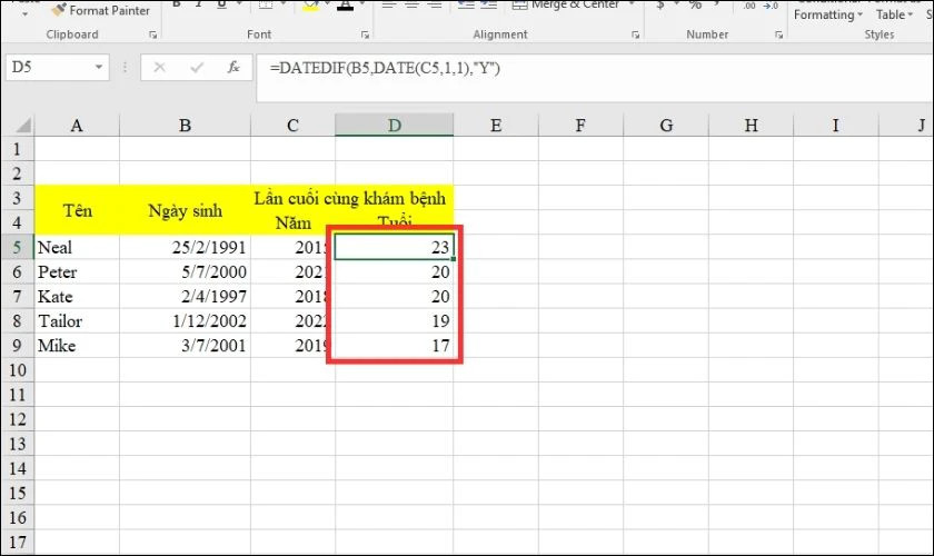 Tính tuổi khi chỉ biết năm kết thúc bằng hàm DATEDIF và DATE