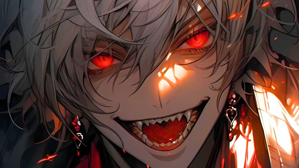 Ác quỷ anime nam với ánh mắt rực lửa, thể hiện quyền năng