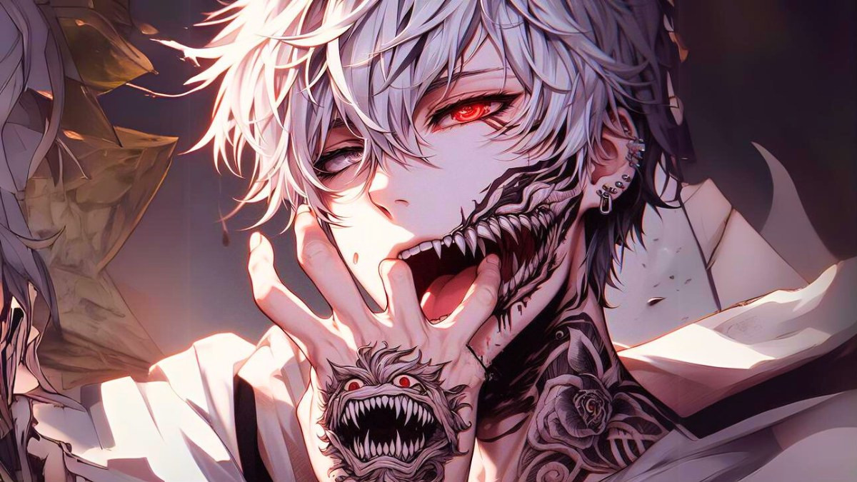 Ác quỷ anime nam mạnh mẽ với biểu cảm dứt khoát và phong thái tự tin