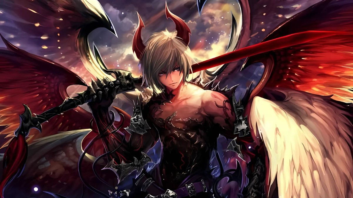 Ác quỷ anime nam với biểu cảm lạnh lùng và mái tóc màu bạch kim