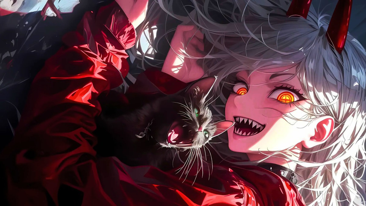 Chân dung ác quỷ anime nữ xinh đẹp với mái tóc trắng và đôi mắt đỏ