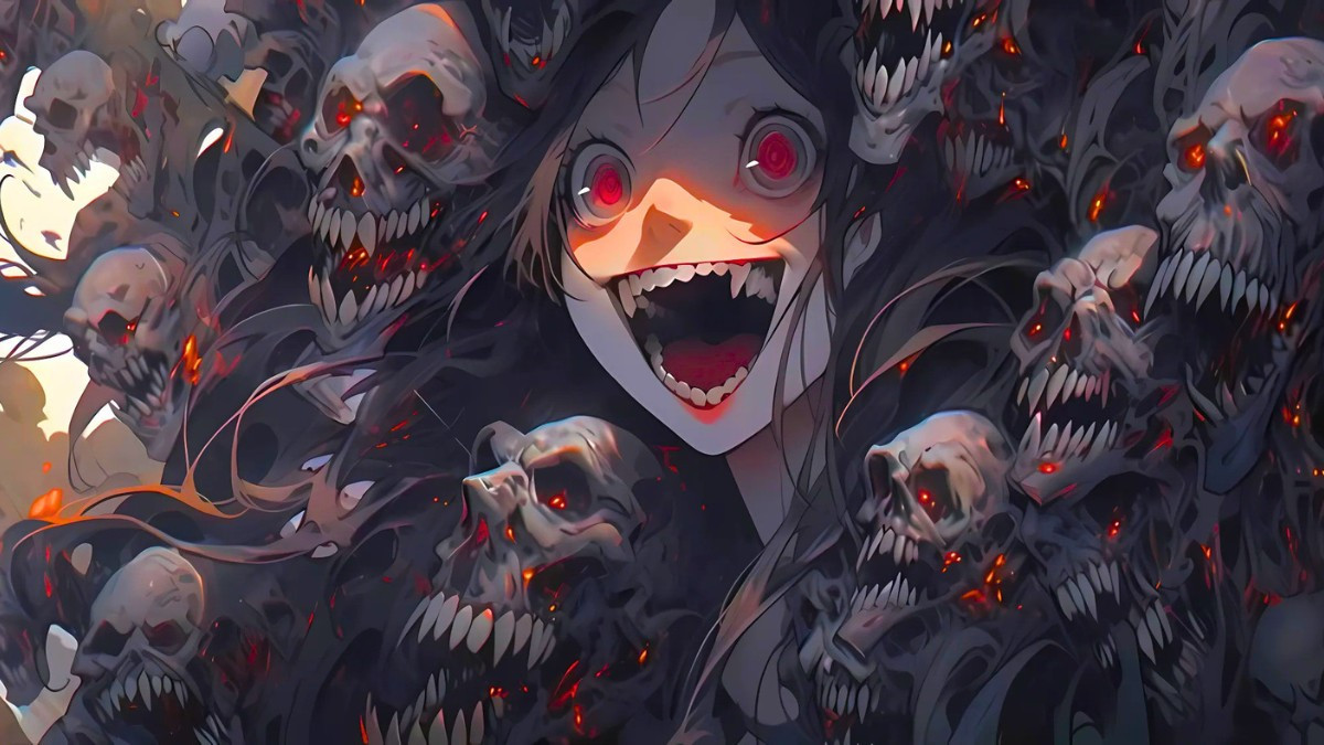 Ác quỷ anime nữ hắc ám với mái tóc đen dài và ánh mắt quyền lực