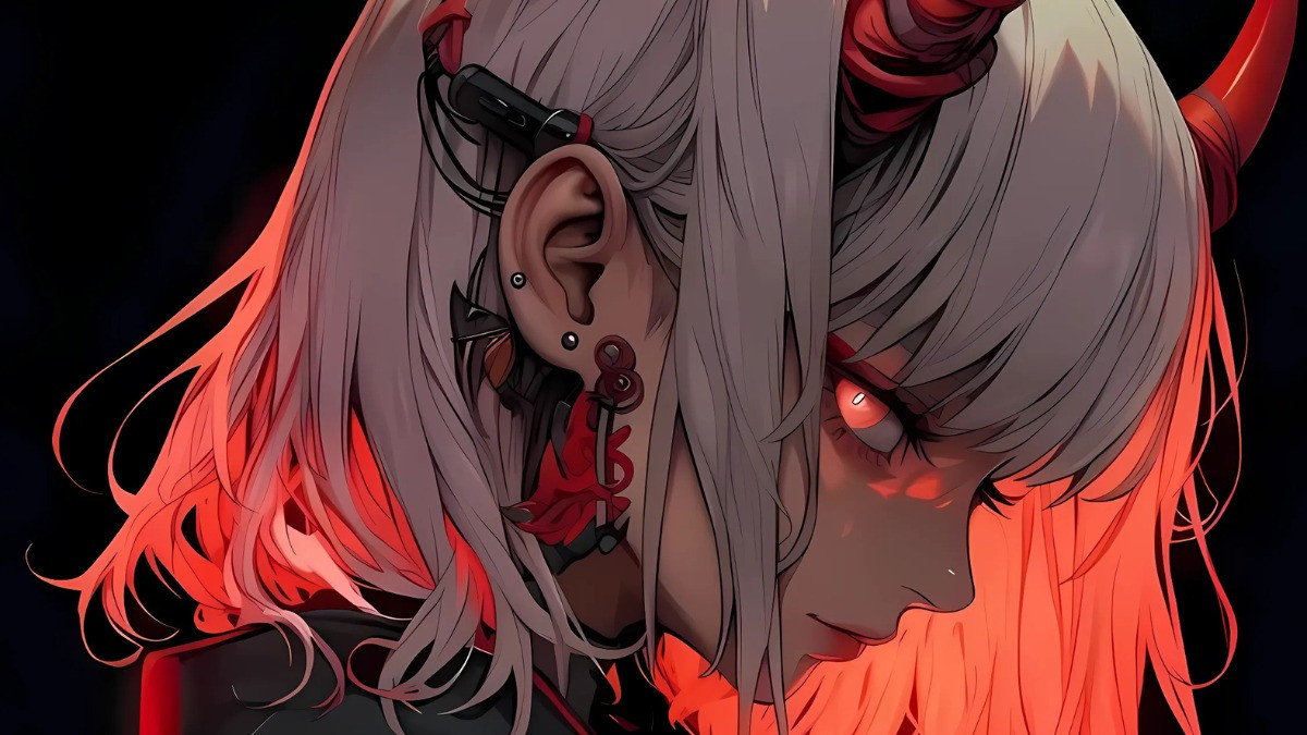 Hình ảnh ác quỷ anime nữ với trang phục chiến binh và đôi cánh đen