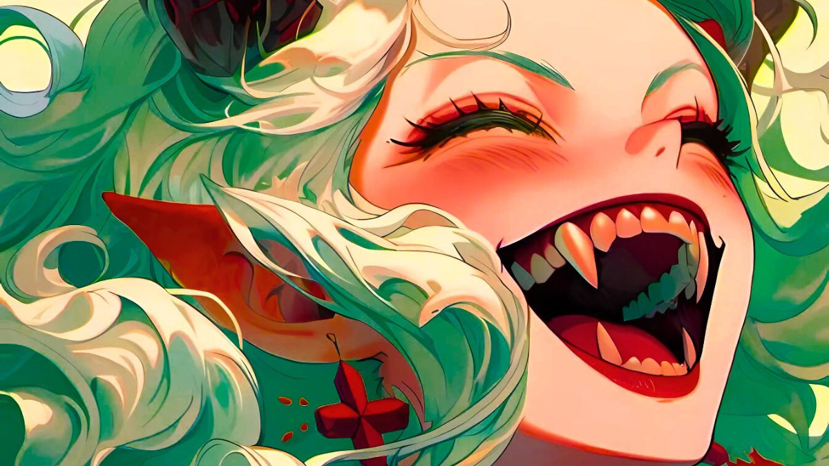 Ác quỷ anime nữ với ánh mắt rực sáng và hiệu ứng ma thuật