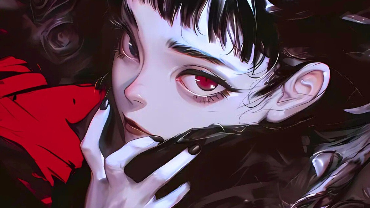 Chân dung ác quỷ anime với mái tóc đen và đôi mắt rực lửa