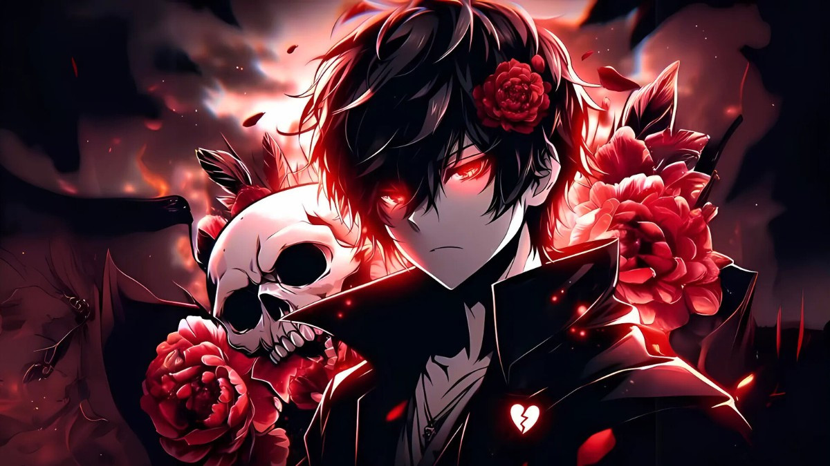 Ác quỷ anime đầy nguy hiểm với ánh mắt lạnh lùng và chi tiết sừng
