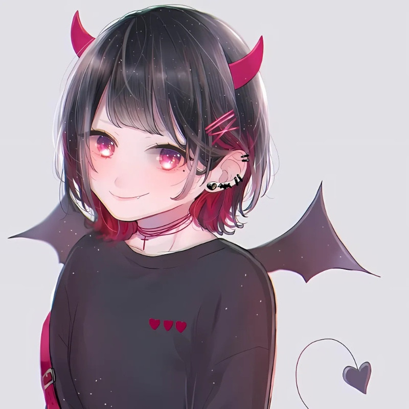 Ác quỷ anime chibi với đôi sừng màu đỏ và nụ cười tươi tắn