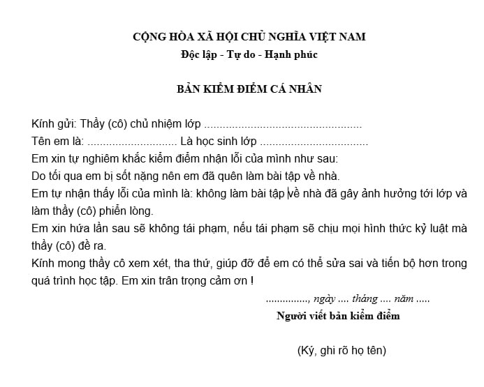 Ví dụ về mẫu bản kiểm điểm học sinh đơn giản, dễ điền