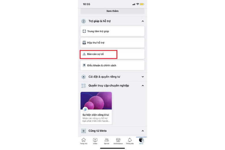 Vào mục Báo cáo sự cố để đề xuất lối tắt trên Facebook