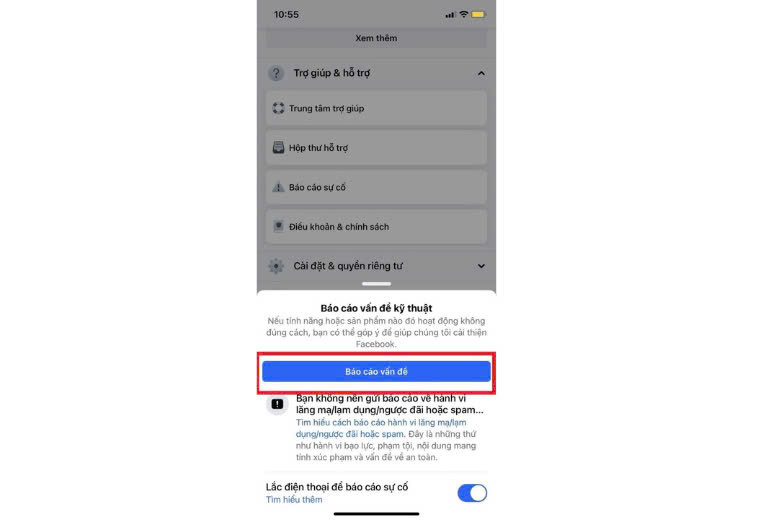 Nút Báo cáo vấn đề để gửi yêu cầu lối tắt Facebook