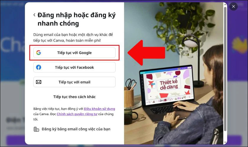 Các phương thức đăng nhập khác nhau trên nền tảng Canva.