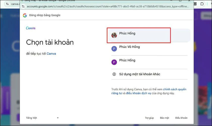 Lựa chọn tài khoản Google đã liên kết để đăng nhập vào Canva.