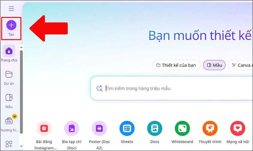 Giao diện trang chủ Canva sau khi đăng nhập thành công.