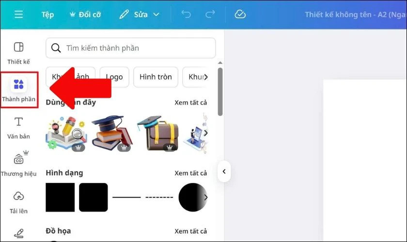Giao diện thiết kế trên Canva, sử dụng mục &quot;Thành phần&quot; để thêm yếu tố.