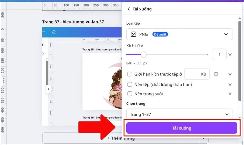 Tùy chọn tải xuống và lưu hình ảnh báo hiếu cha mẹ đã thiết kế về máy.