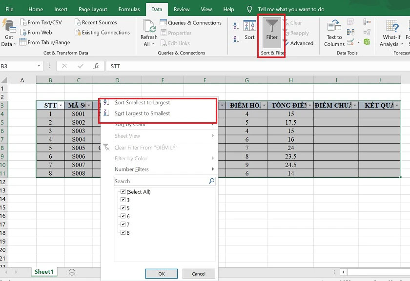 Giao diện Excel với tính năng Filter (Lọc) được kích hoạt để sắp xếp dữ liệu
