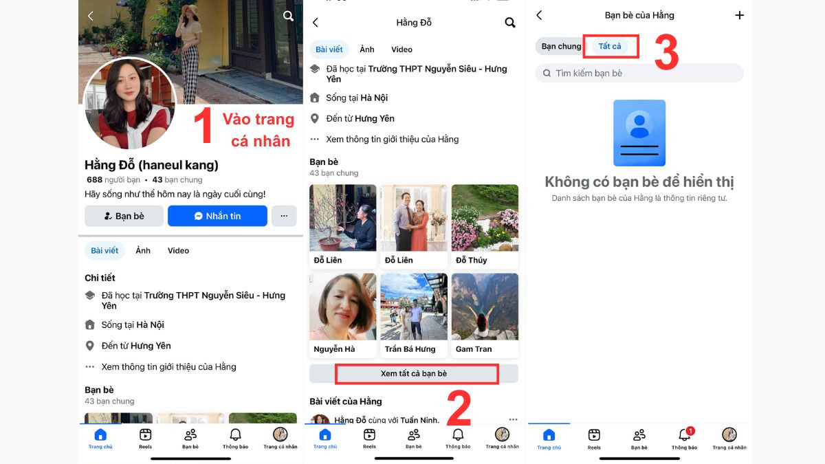 Màn hình hiển thị sau khi đã ẩn bạn bè chung trên Facebook, chỉ thấy &quot;Bạn chung&quot; nếu có