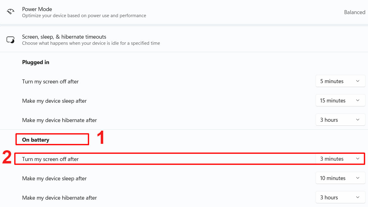 Chọn &quot;turn my screen off after&quot; khi đã bấm &quot;On battery&quot;