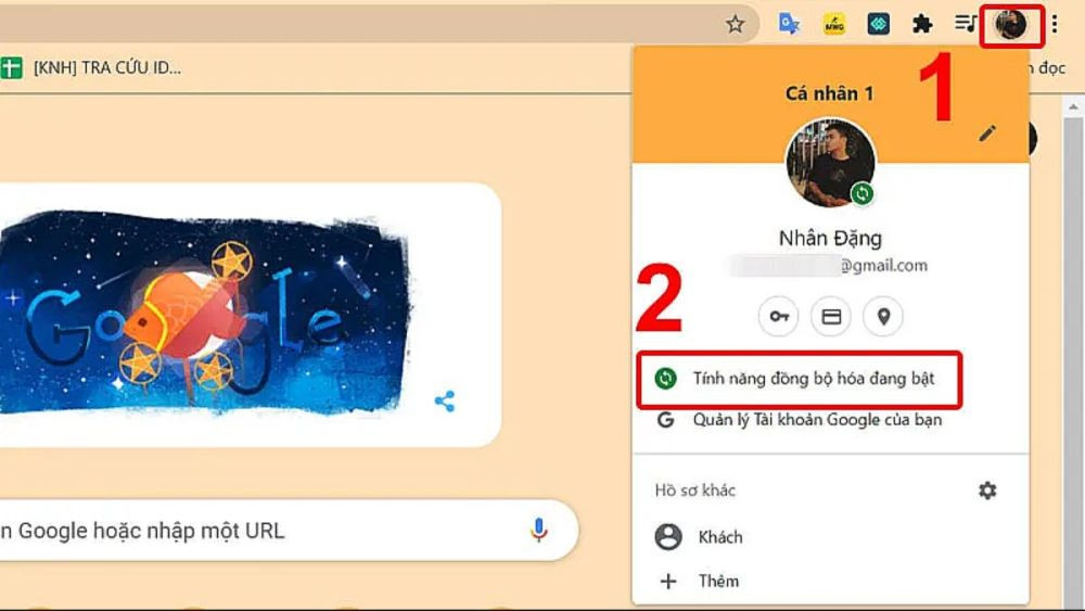 Chọn &quot;Tính năng đồng bộ hóa đang bật&quot; để quản lý tài khoản Google đã đồng bộ trên máy tính