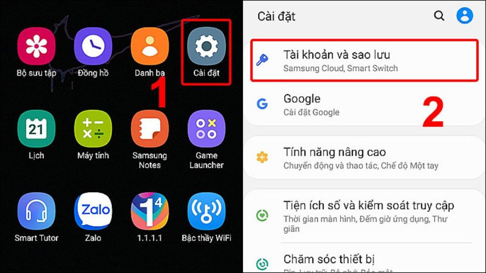 Màn hình Cài đặt trên Android, chọn mục Tài khoản để đăng xuất Google
