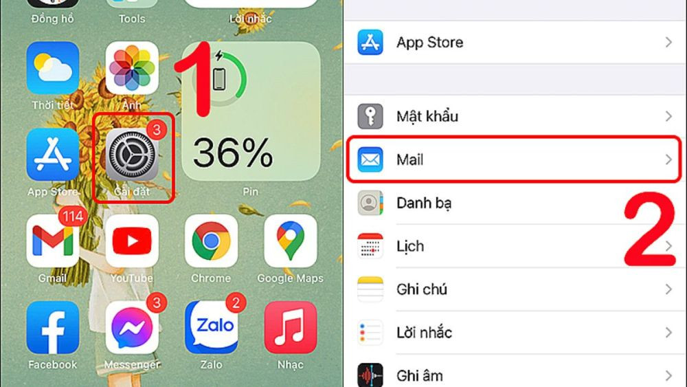 Mở ứng dụng Mail trong Cài đặt để quản lý tài khoản Google trên iPhone