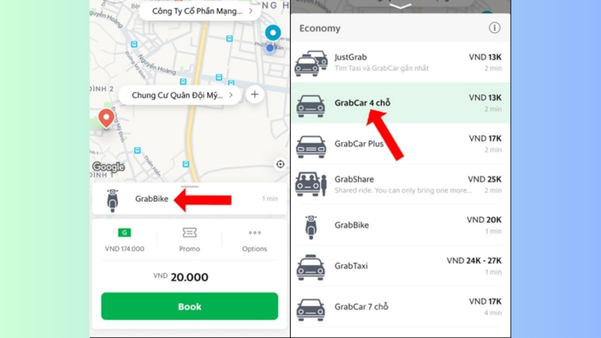 Lựa chọn loại xe GrabCar 4 chỗ trong ứng dụng Grab sau khi nhập điểm đến