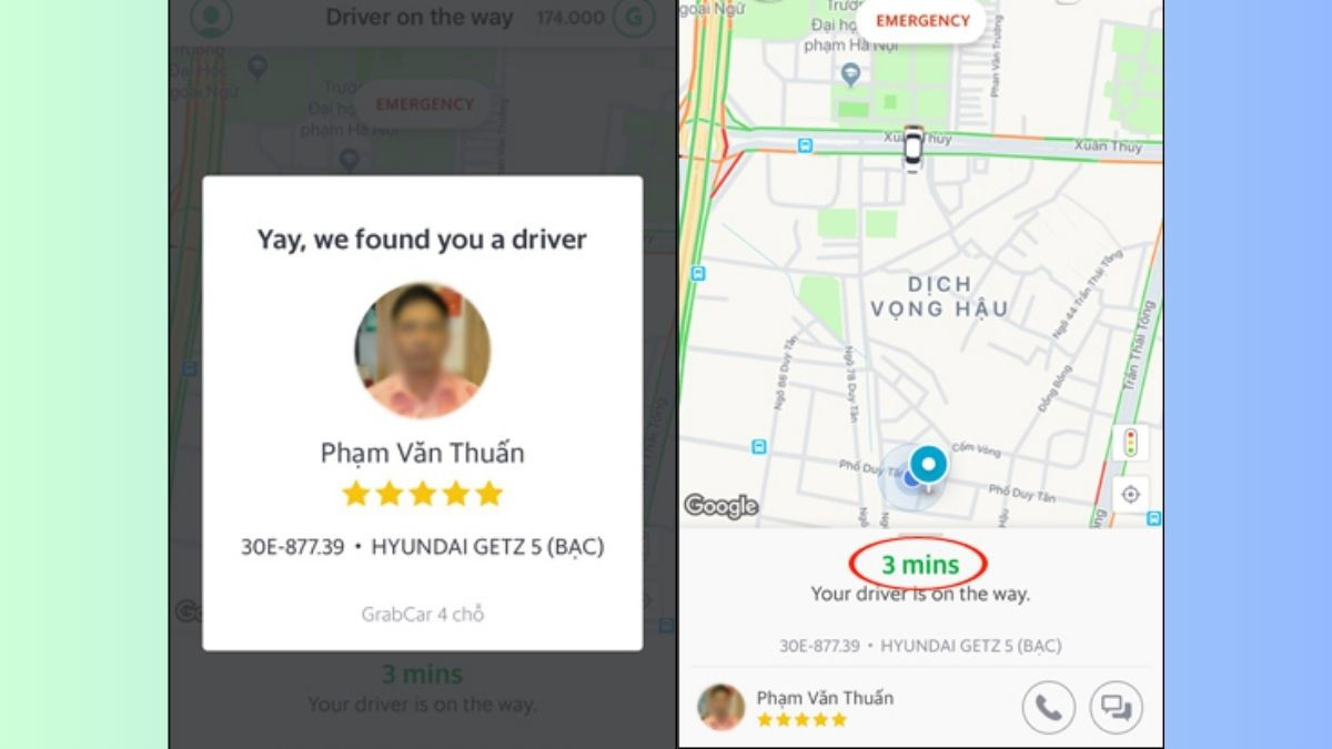 Thông tin tài xế GrabCar 4 chỗ hiển thị sau khi đặt xe thành công