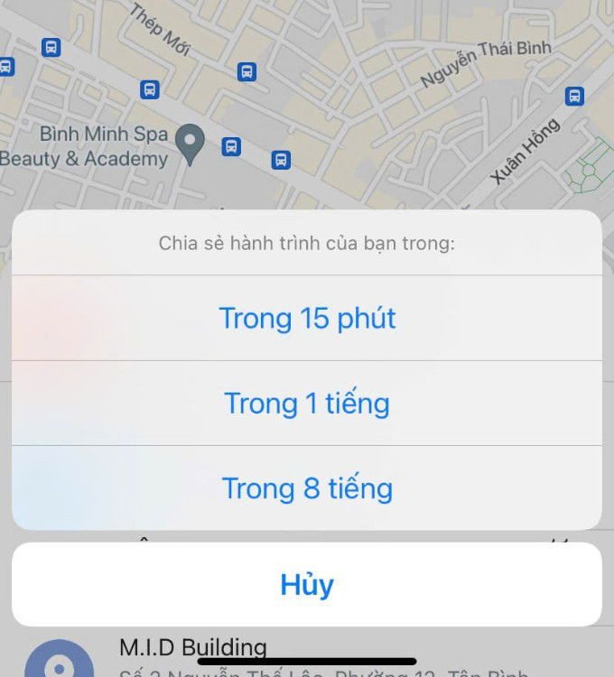 Các tùy chọn thời gian chia sẻ hành trình trên Zalo