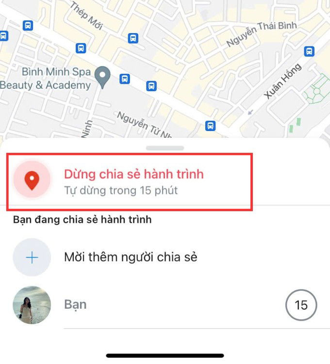 Dừng chia sẻ hành trình trực tiếp trên Zalo