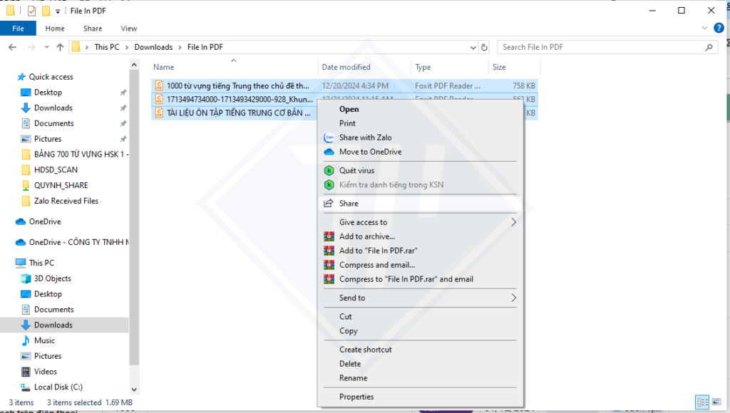 Menu chuột phải với tùy chọn 'Print' để in hàng loạt file PDF