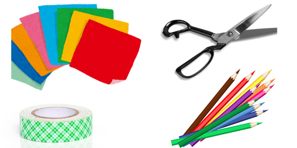 Các dụng cụ cần chuẩn bị để làm thiệp 20/10 handmade như giấy A4, keo, kéo, bút màu.