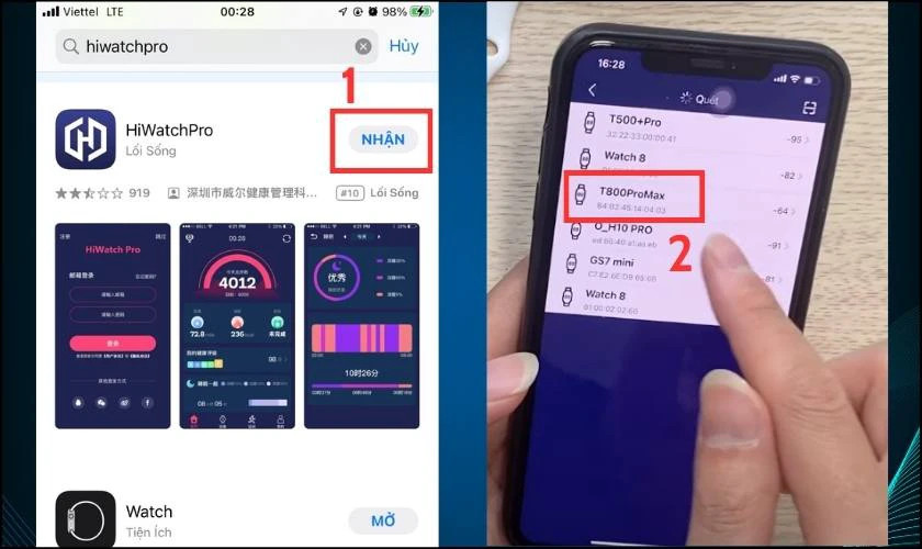 Giao diện ứng dụng Hiwatchpro trên điện thoại để kết nối đồng hồ T800 Pro Max