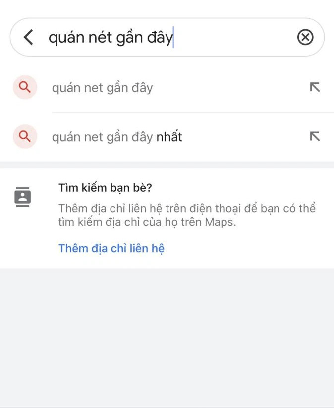Thanh tìm kiếm Google Maps với từ khóa &quot;quán net gần đây nhất&quot;