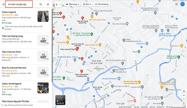 Giao diện Google Maps trên máy tính hiển thị các quán net gần đây