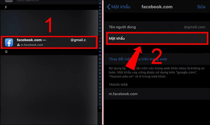 Hình ảnh hướng dẫn chọn tài khoản Facebook để xem mật khẩu đã lưu trên iPhone iOS 13