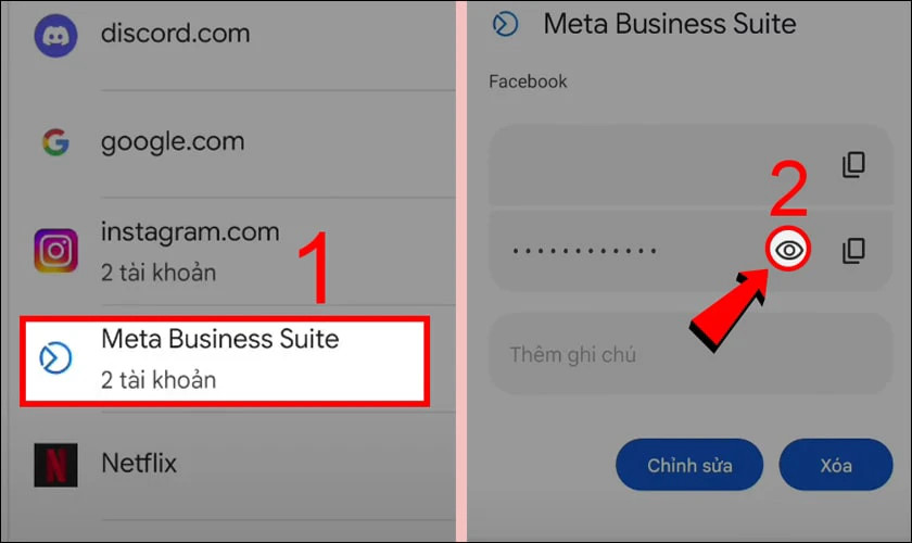 Chi tiết các bước chọn Meta Business Suite và nhấn biểu tượng con mắt để xem mật khẩu Facebook trên Samsung
