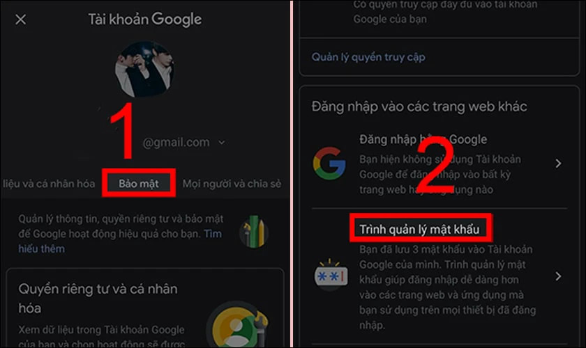 Các bước chọn mục Bảo mật và tìm Trình quản lý mật khẩu trong Tài khoản Google