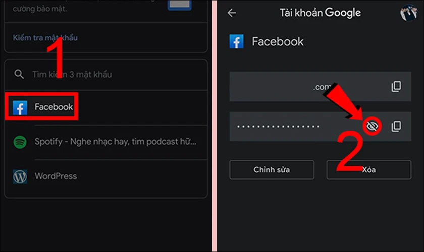 Hướng dẫn chọn ứng dụng Facebook và nhấn biểu tượng con mắt để xem mật khẩu đã lưu trong Trình quản lý mật khẩu Google
