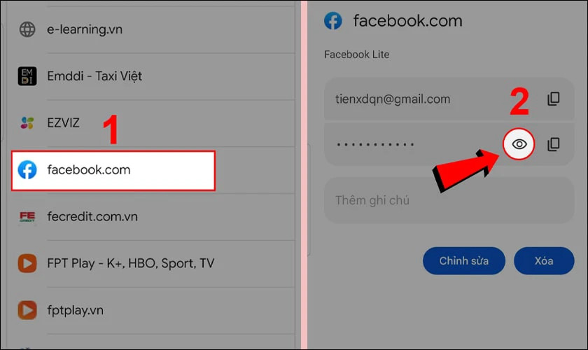 Hình ảnh minh họa tìm và chọn ứng dụng Facebook để xem mật khẩu đã lưu trên Chrome Android
