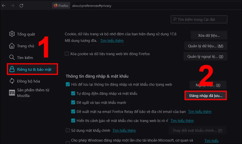 Hình ảnh hướng dẫn chọn Riêng tư và bảo mật, sau đó đến Đăng nhập đã lưu trong Firefox