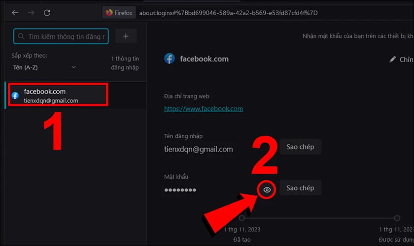 Chi tiết cách chọn ứng dụng Facebook và nhấn biểu tượng con mắt để xem mật khẩu đã lưu trên Firefox