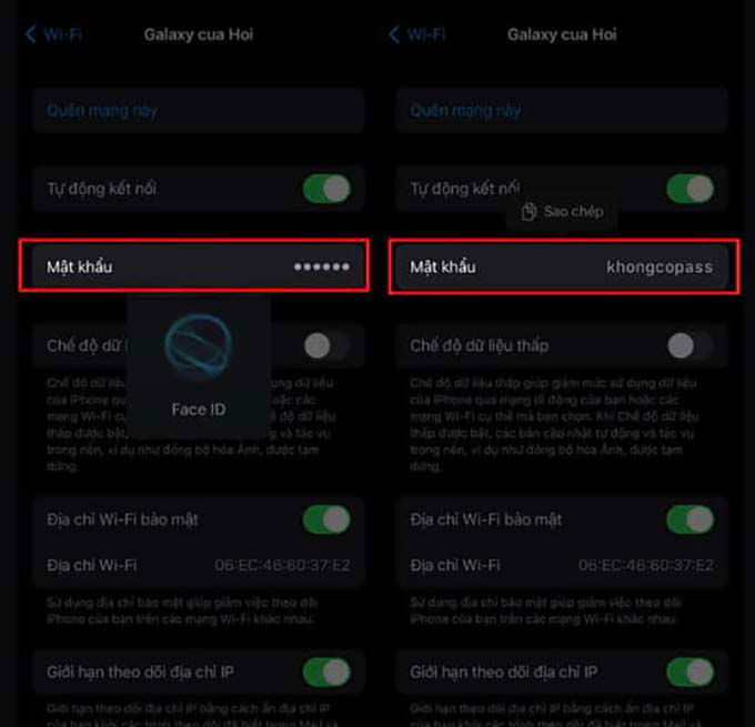 Màn hình hiển thị mật khẩu WiFi trên iPhone sau khi xác thực Face ID