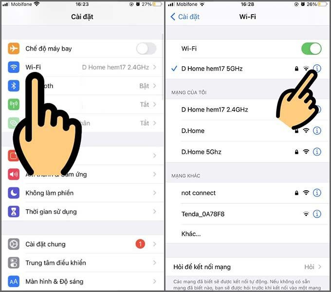 Giao diện cài đặt WiFi trên iPhone để xem thông tin bộ định tuyến