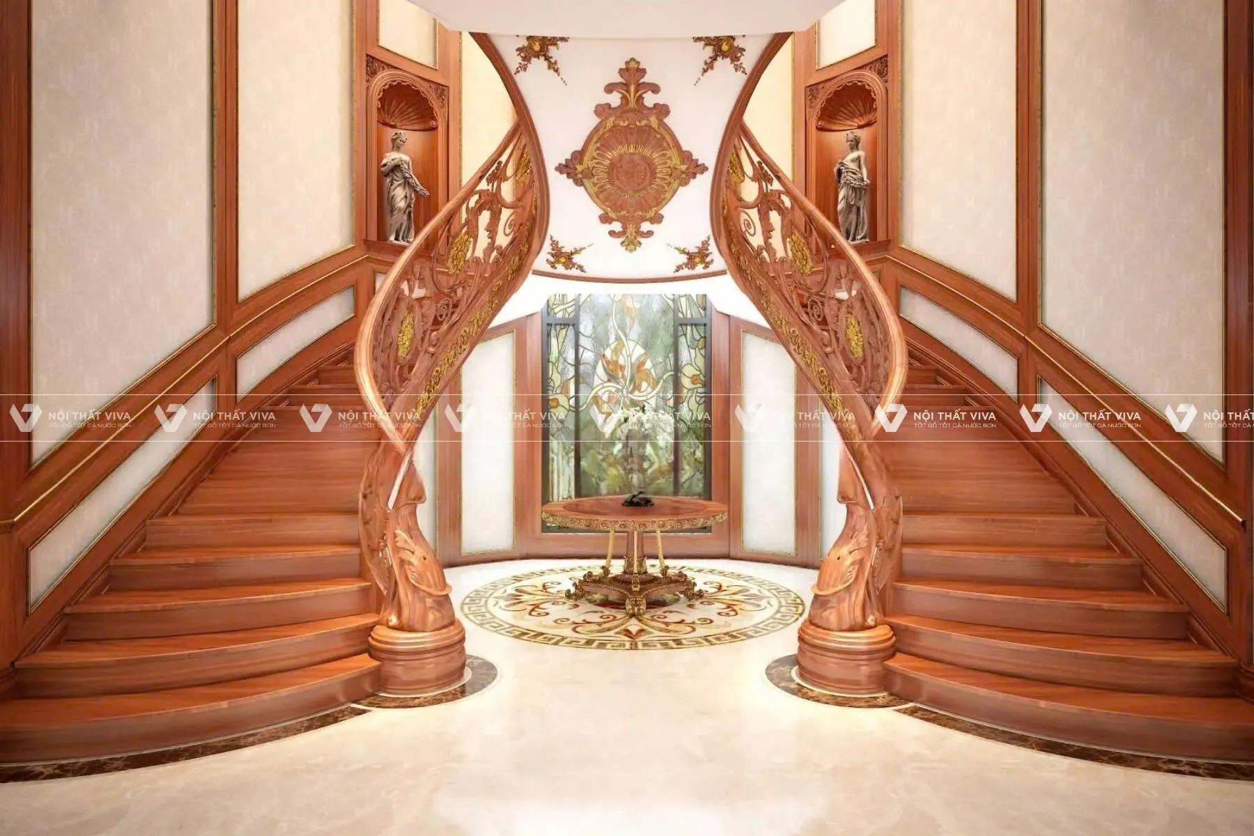 Cầu thang gỗ Gõ Đỏ nguyên khối, càng dùng lâu càng bóng đẹp, thể hiện sự sang trọng và giá trị cao
