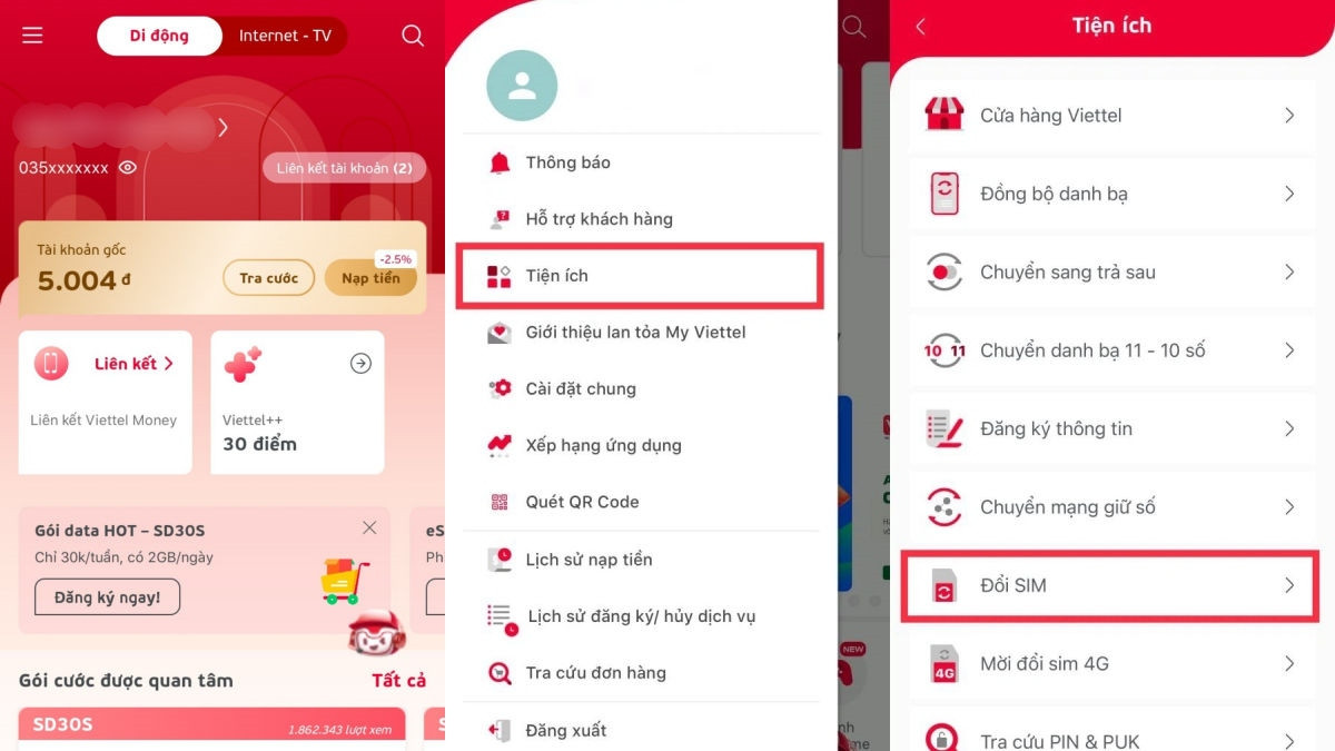 Hướng dẫn chuyển eSIM Viettel online qua app My Viettel bước 1