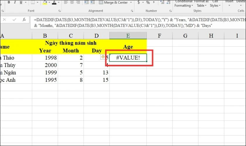 Bảng dữ liệu minh họa các lỗi thường gặp khi tính tuổi trong Excel