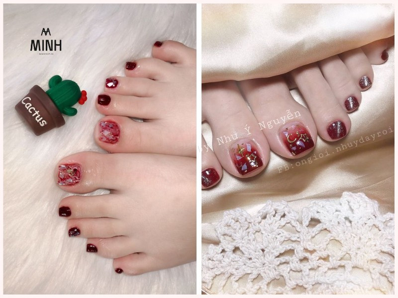 Mẫu móng chân màu đỏ phối kim tuyến