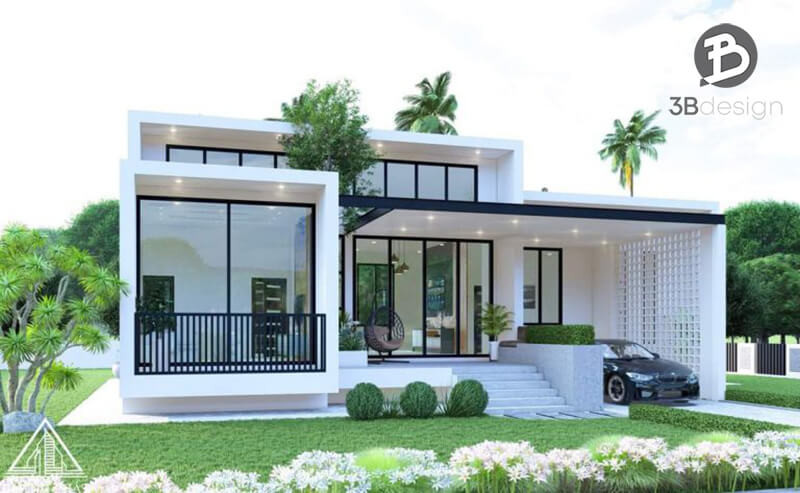 Nhà cấp 4 mái bằng với hệ thống cửa sổ lớn