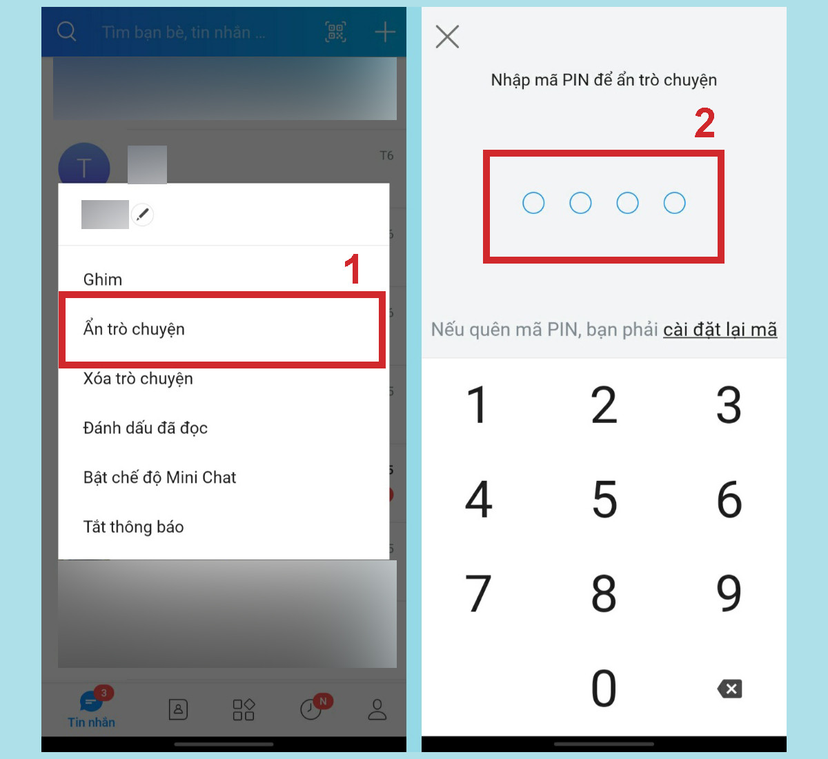 Cách ẩn tin nhắn Zalo trên điện thoại: Bước 2 - Chọn 'Ẩn trò chuyện' và đặt mã PIN